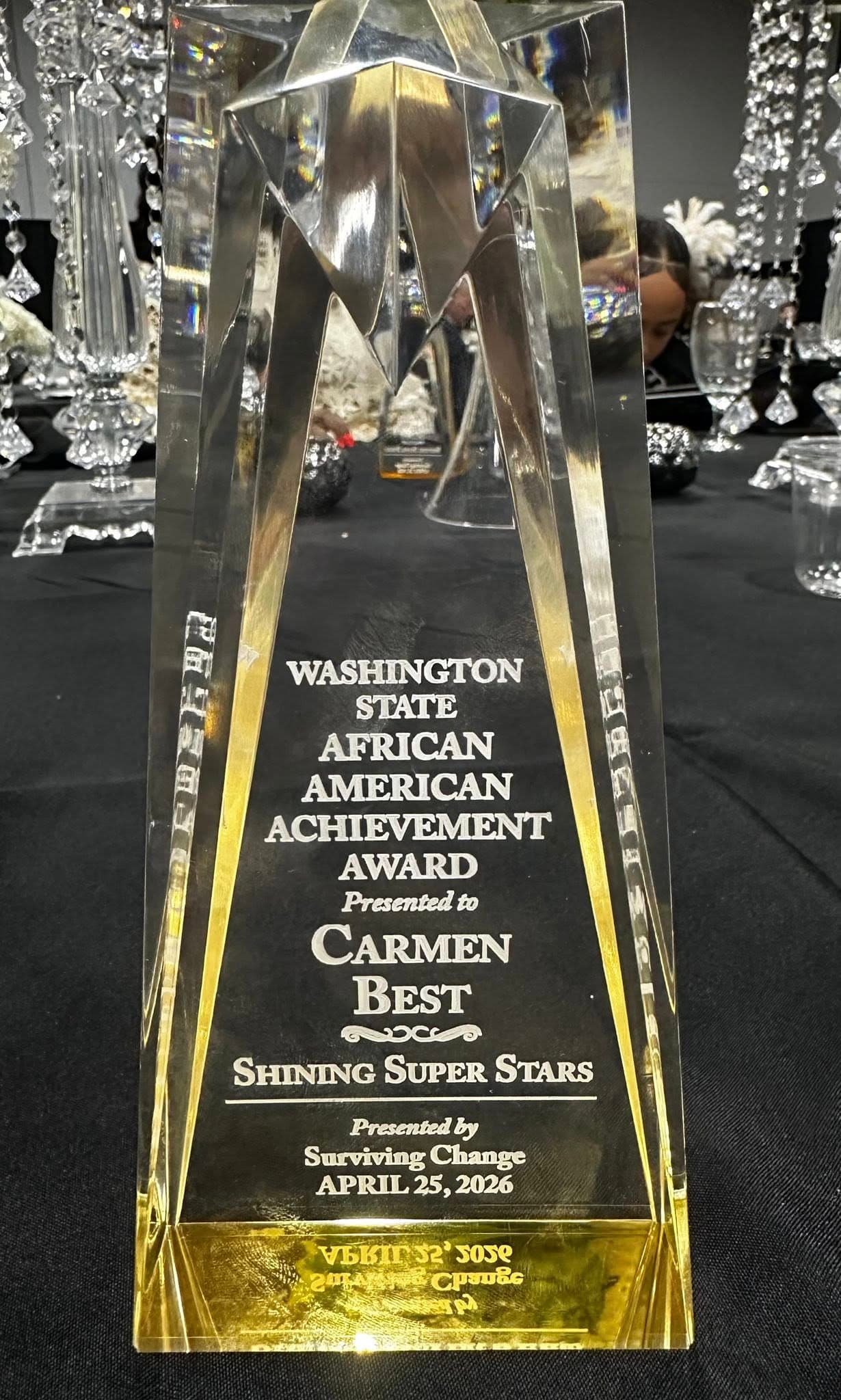 Washington State African American Achievement Award trophy presented to Carmen Best, April 25, 2026